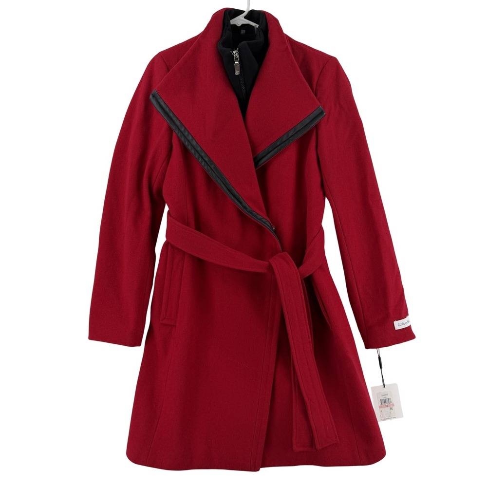 Calvin Klein Coat Womens 10 Red Wool Belted Asymmetrical Zip Mid Length NWT